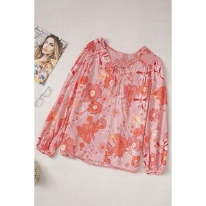 Floral Tasseled V Neck Puff Sleeve Blouse